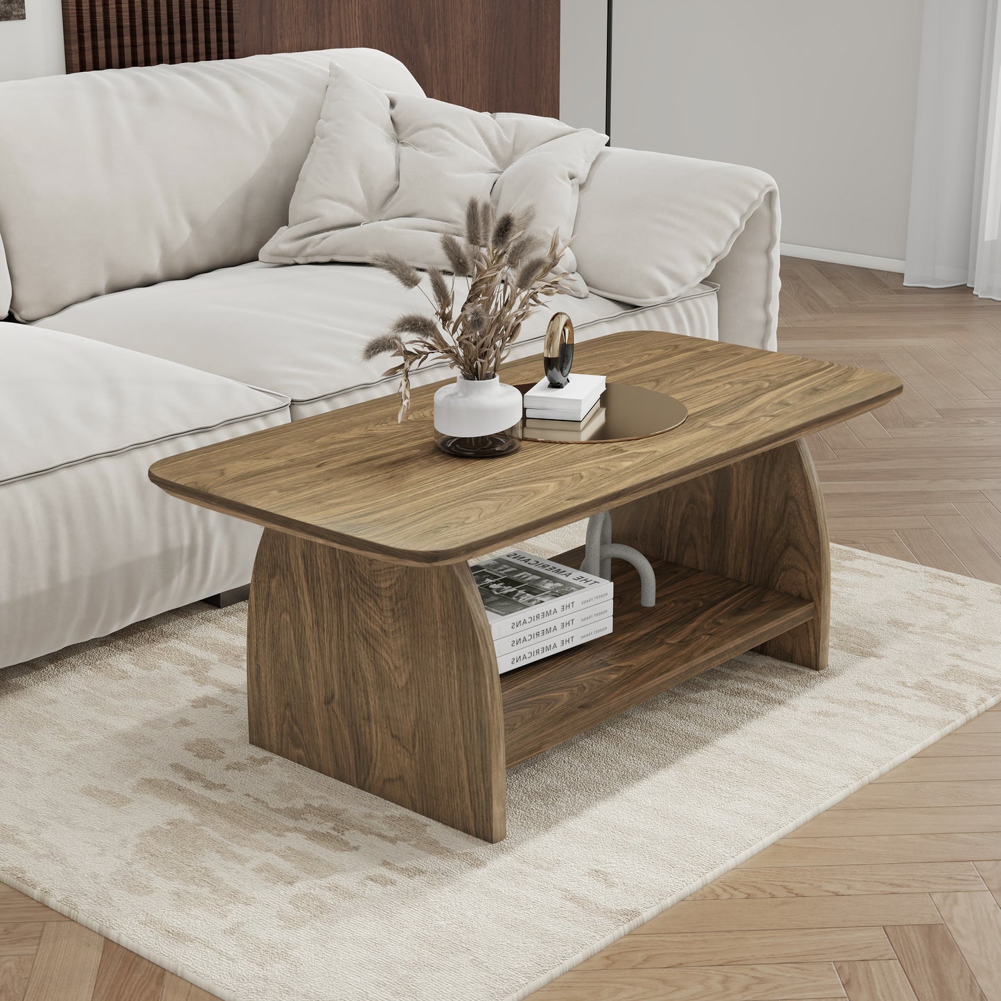 Double-layer rectangular coffee table with storage function, rounded corner design, MDF material