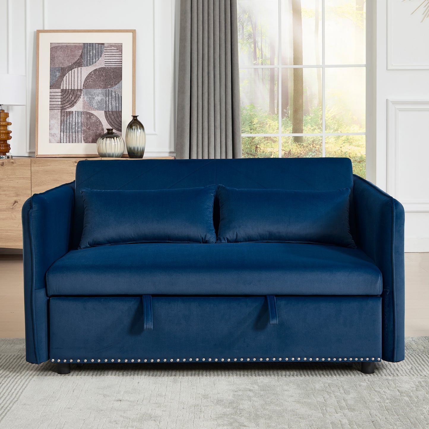 Velvet 3 in 1 Convertible Sleeper Futon Sofa Bed, Small Loveseat Lounge Couches with 2 Pillows, Reclining Backrest, Side Pockets