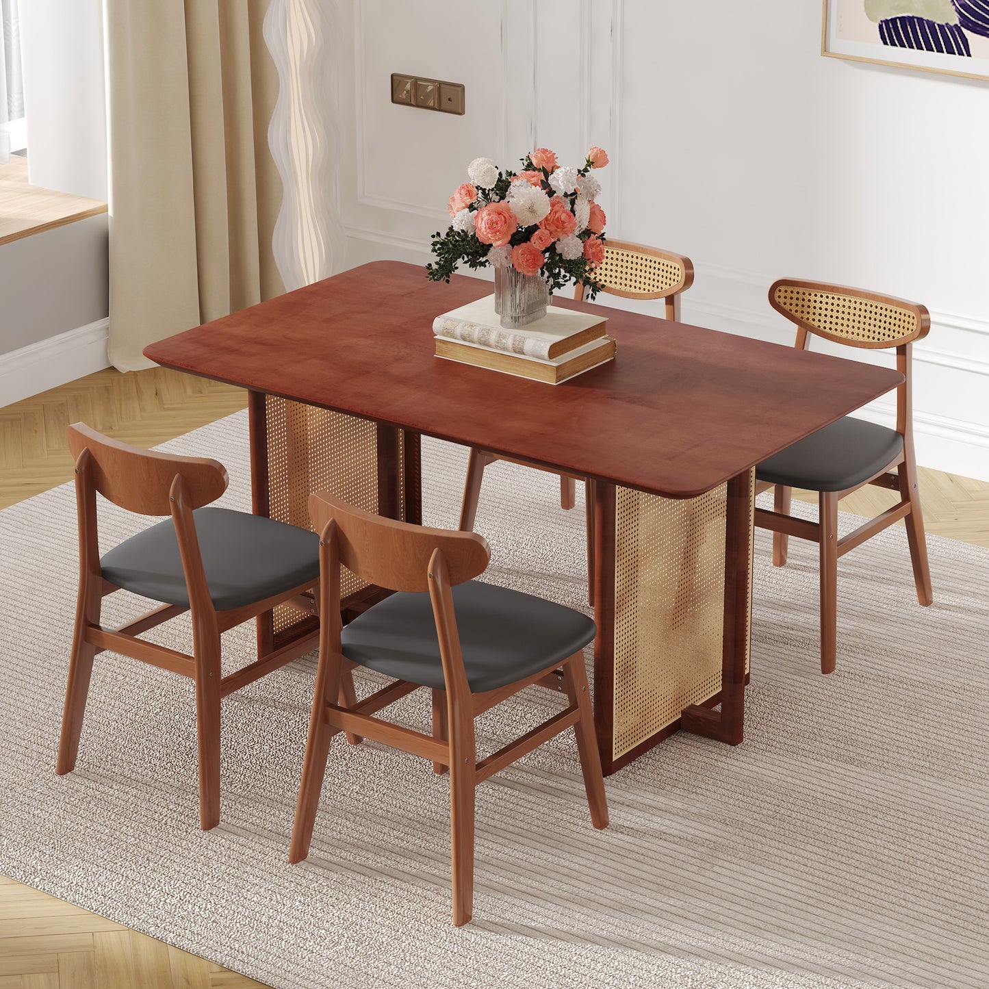 Ancient Style Solid Wood Dining Table Set: Imitation Rattan Legs, 4 - 6 Rubberwood Chairs