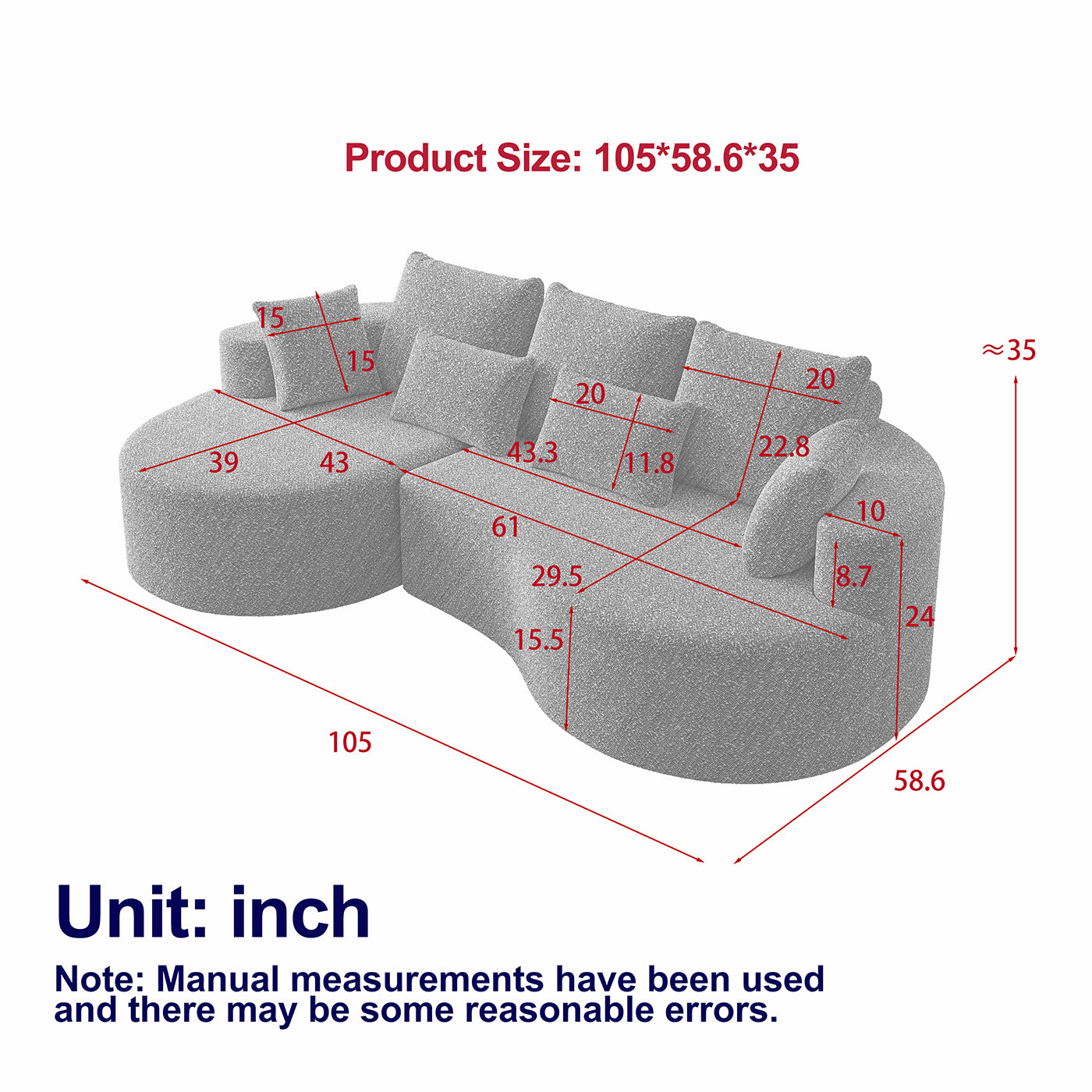 Modern Upholstered Oversized Sectional Sofa,  Chenille 4-Seater Extra Deep & Wide Seat Curved Cloud Couch with 7 Pillows