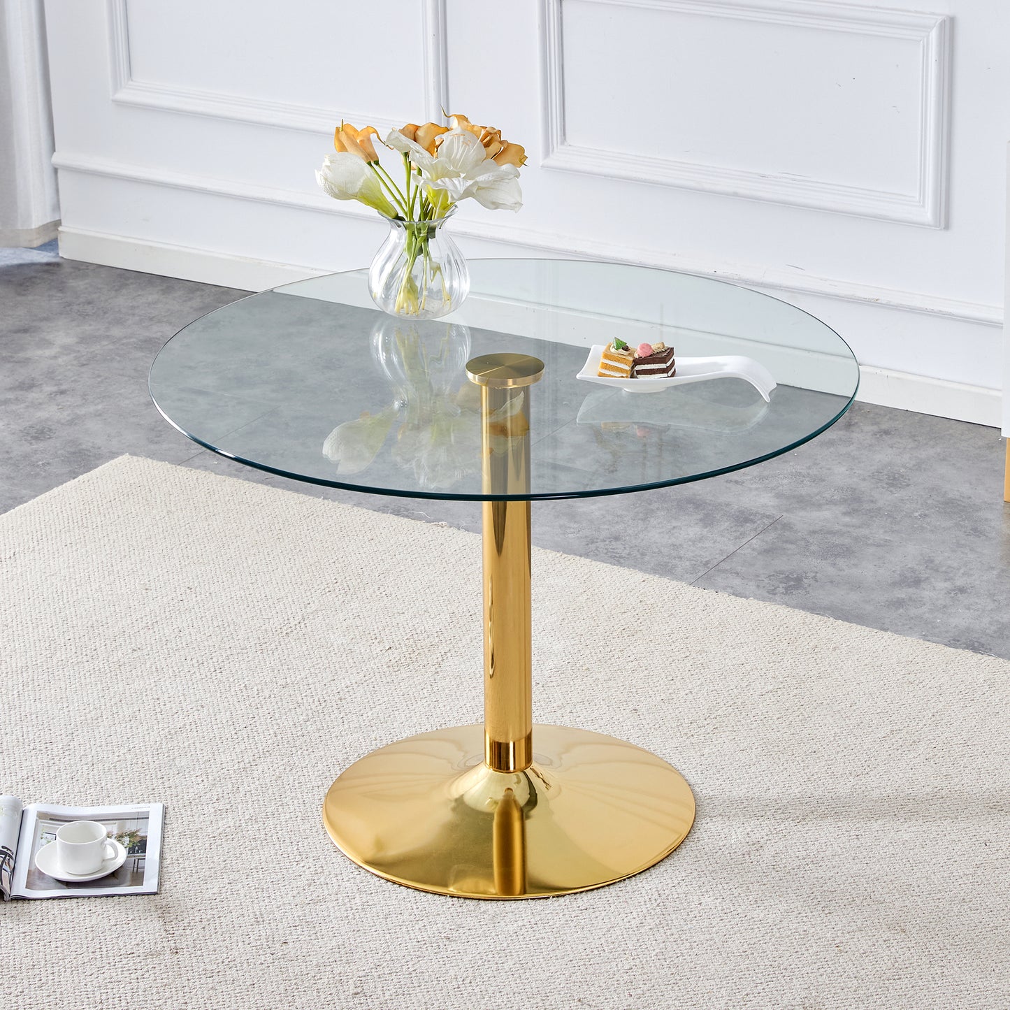 Modern Minimalist Round Dining Table - Gold Metal Legs, Diameter Glass Top for Multiple Rooms