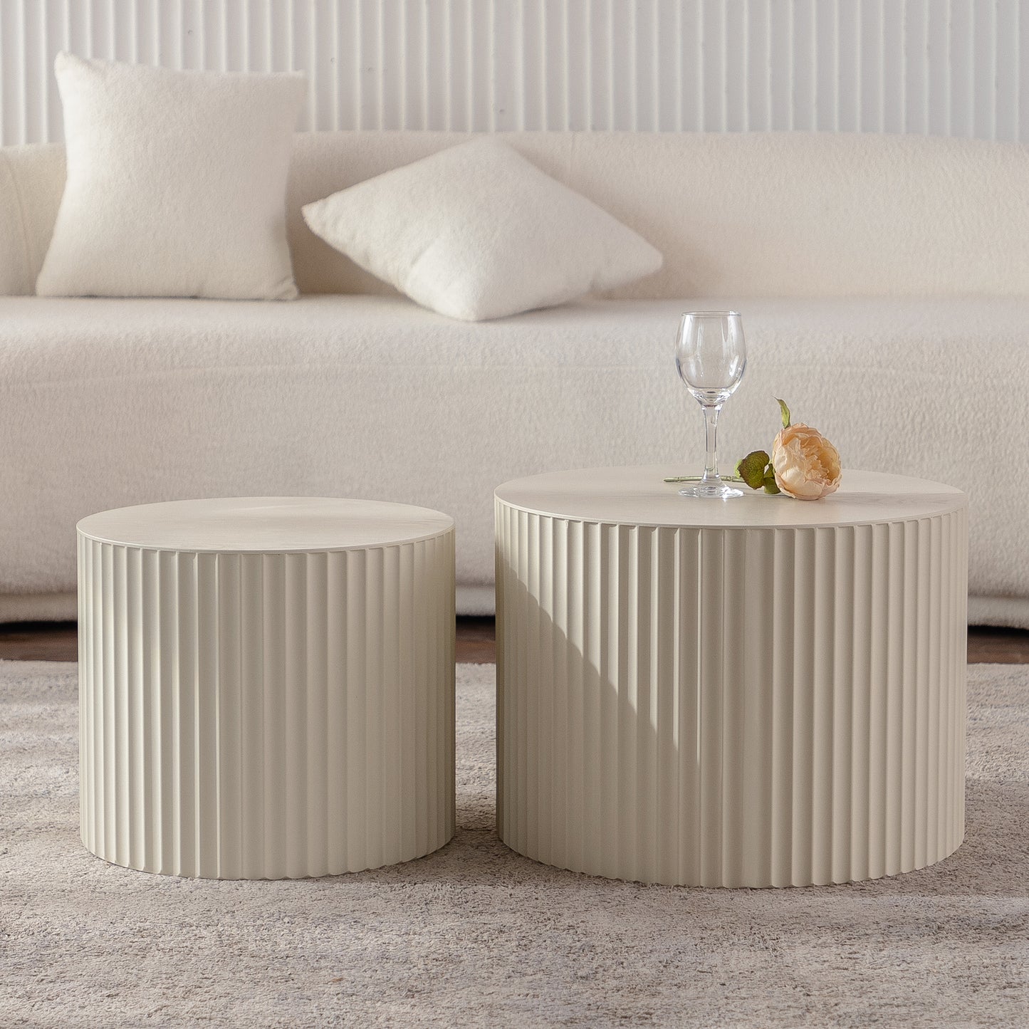 Set of 2 Beige Nesting Coffee Tables: Modern Drum - Shaped for Living Room