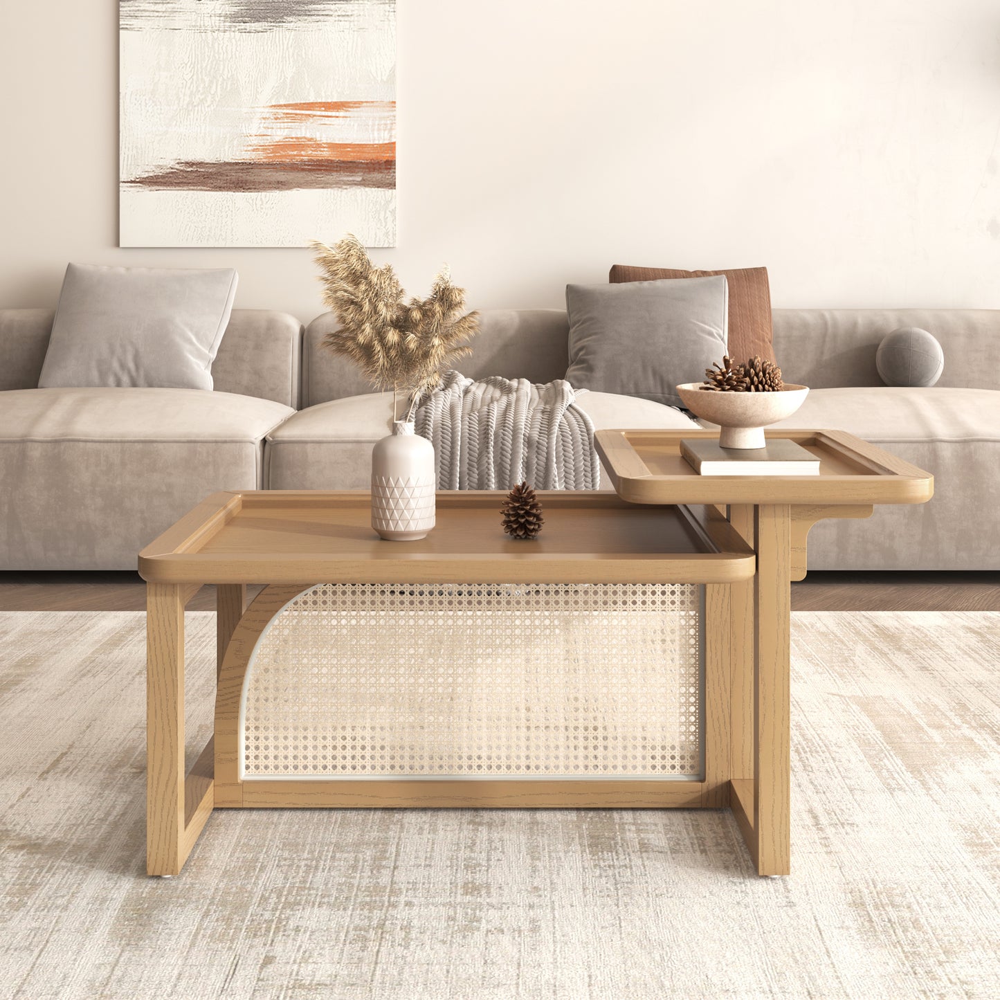 Modern 2 - Piece Nesting Coffee Table Set: Rattan Wood and MDF