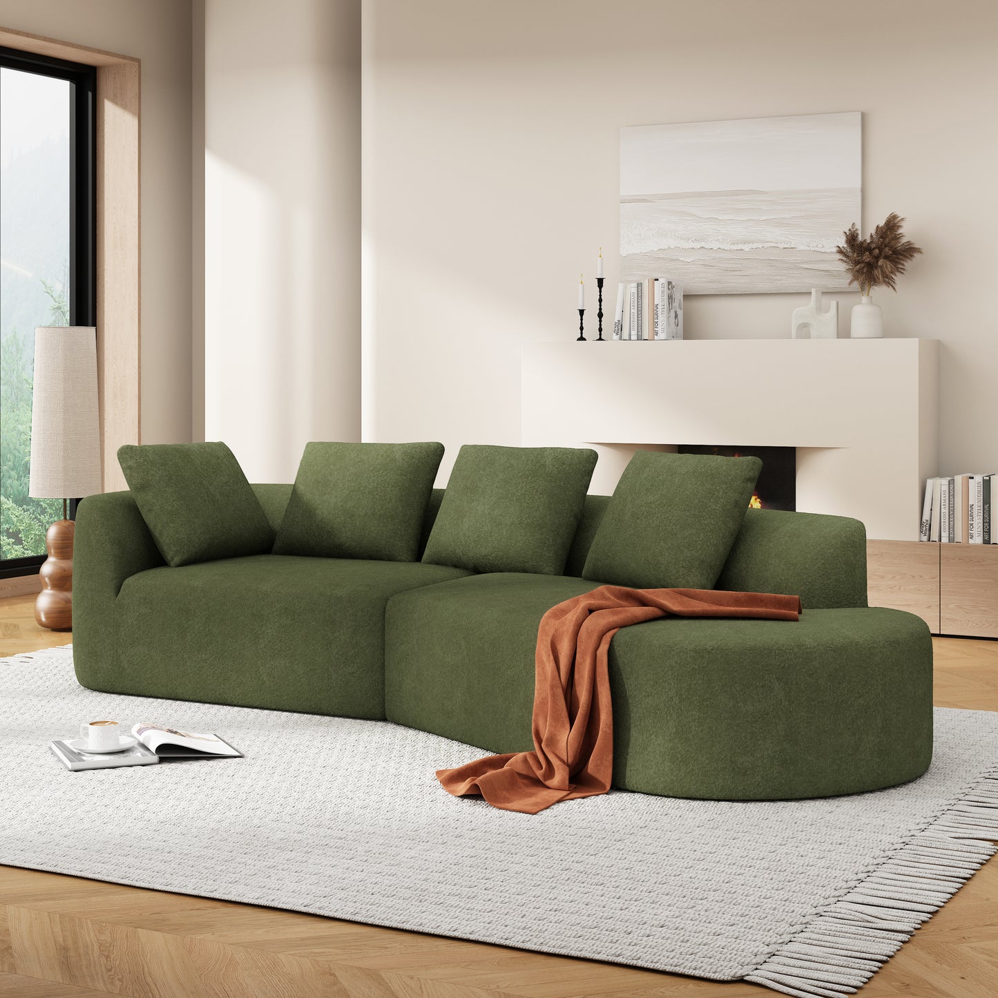 Fully Assembled 116" Modern Curved Sectional with Chaise: High - Density Compressed Sponge, Pearl Upholstery - Ideal for Living Rooms