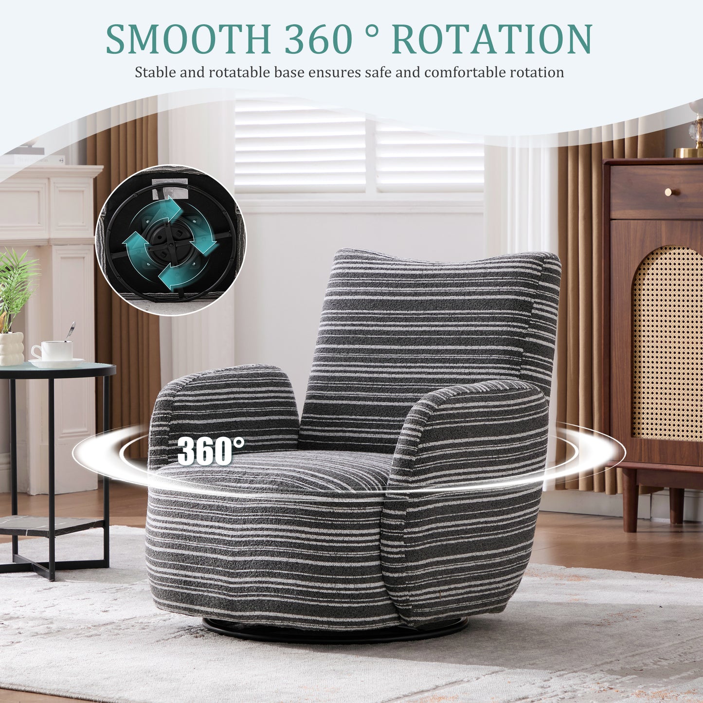 Swivel Leisure Chair | Fabric Striped Armrest Swivel Chair with Sand-Rimmed Fabric Metal Bracket – Boucle