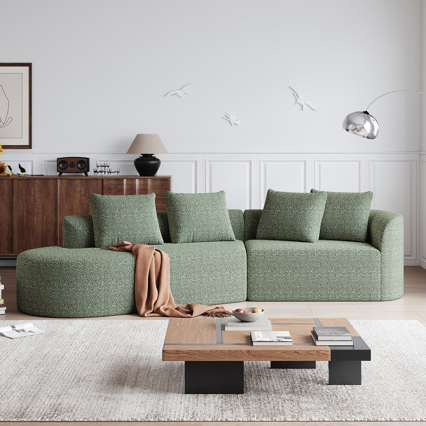 Extra Deep & Wide Seat Curved Cloud Couch with 4 Throw Pillows-3 Colors