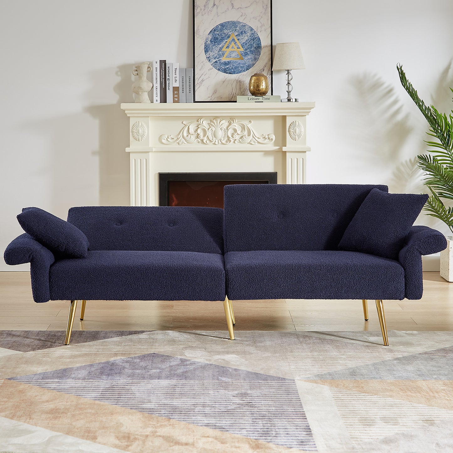 Folding Sleeper Sofa Bed with Foldable Armrest, Adjustable Backrest &amp; Golden Metal Legs – 3-in-1 Futon Loveseat for Living Room (Grey/Dark Blue)