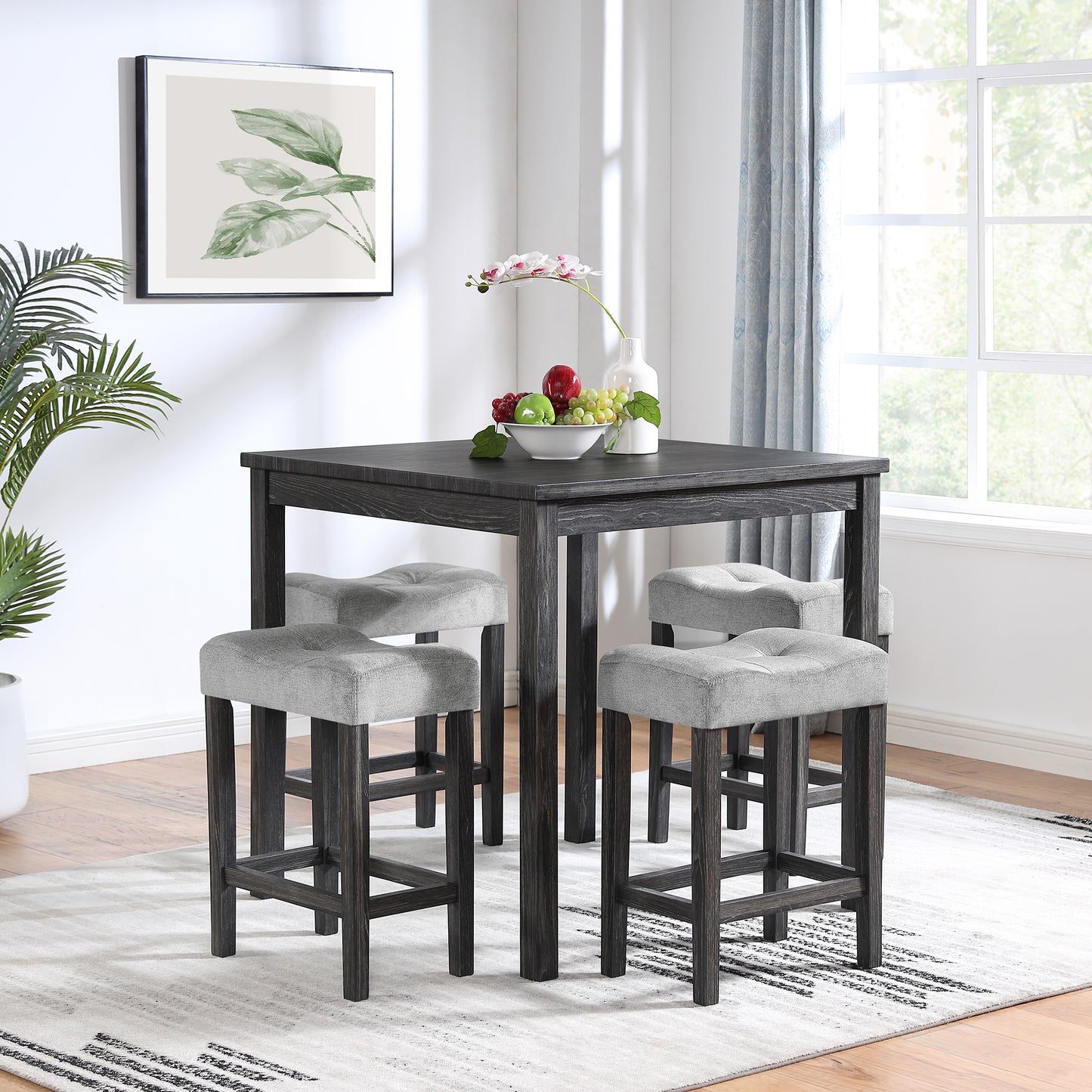 5-Piece Dining Table Set | Industrial Square Table + 4 Bar Stools – Black/Gray/Brown, Space-Saving, Easy Assembly