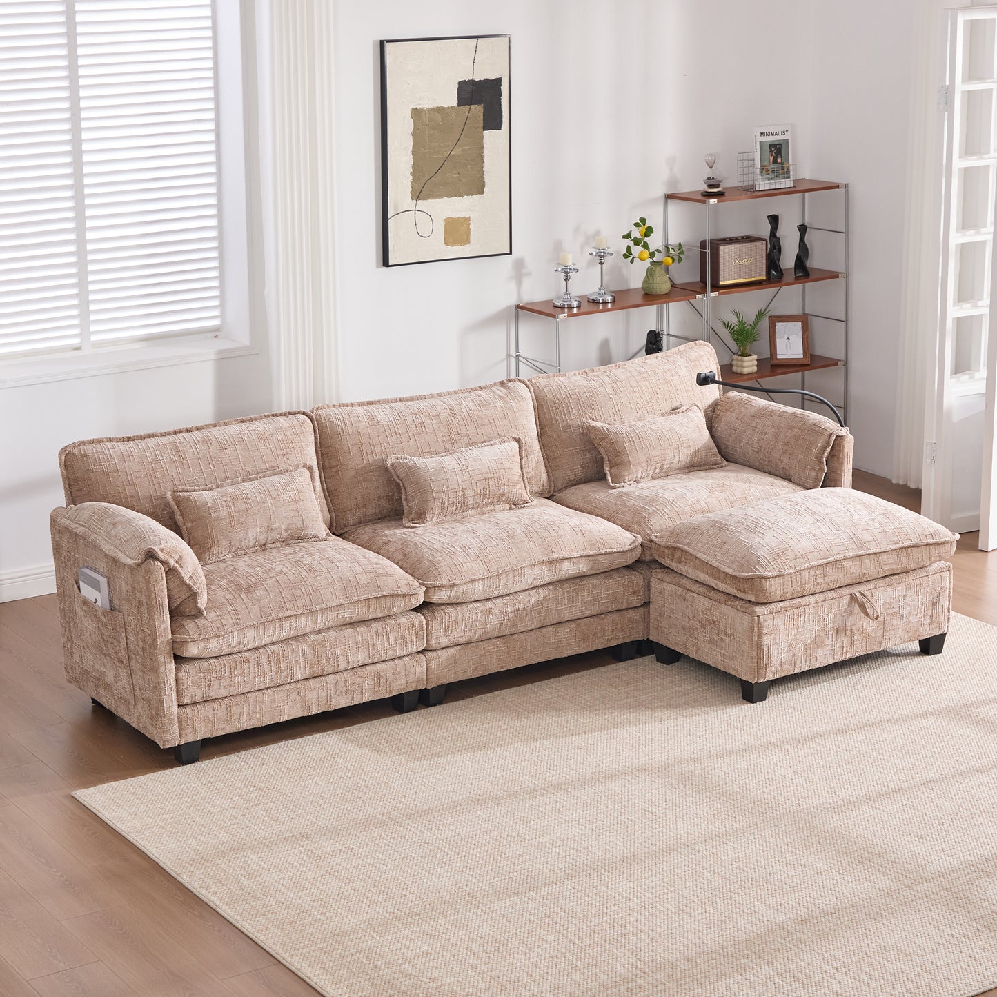 Modern Chenille L Shaped Couch, Comfy Boucle Modular Sofa Sleeper with Movable Storage Ottoman, Phone Holder, USB Charging Port