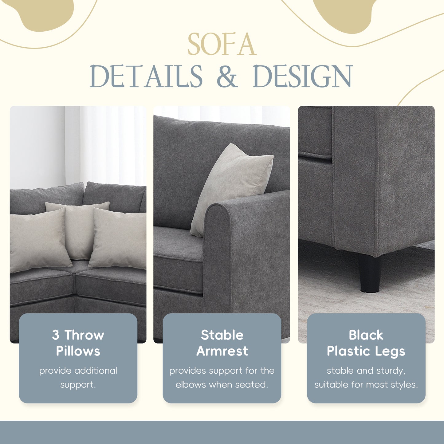 L - Shape Furniture Couch: 91*91", Modern Upholstery, 3 Pillows Dark Gray