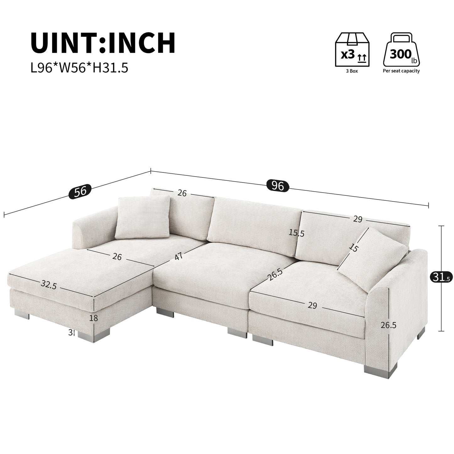 Modern 96*56" Cloud Sectional Sofa - 3 Colors for Home & Office