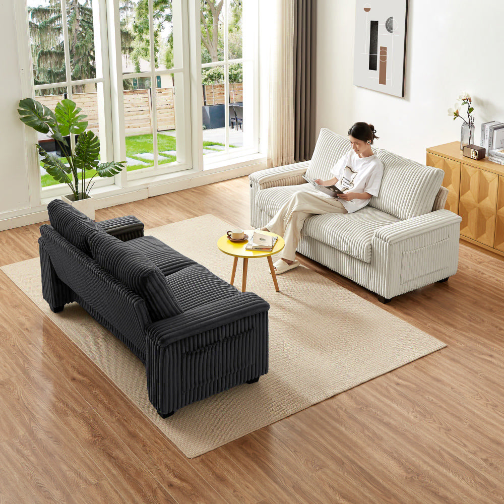 Plush Corduroy Loveseat Sofa  With Square Storage Armrest USB port