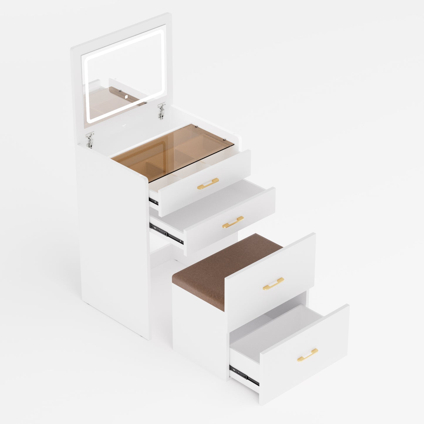 23.6'' Wide Makeup Vanity Table: Flip - Top Lighted, 3 - in - 1 with Storage Stool, Glass, LED, Power Outlet