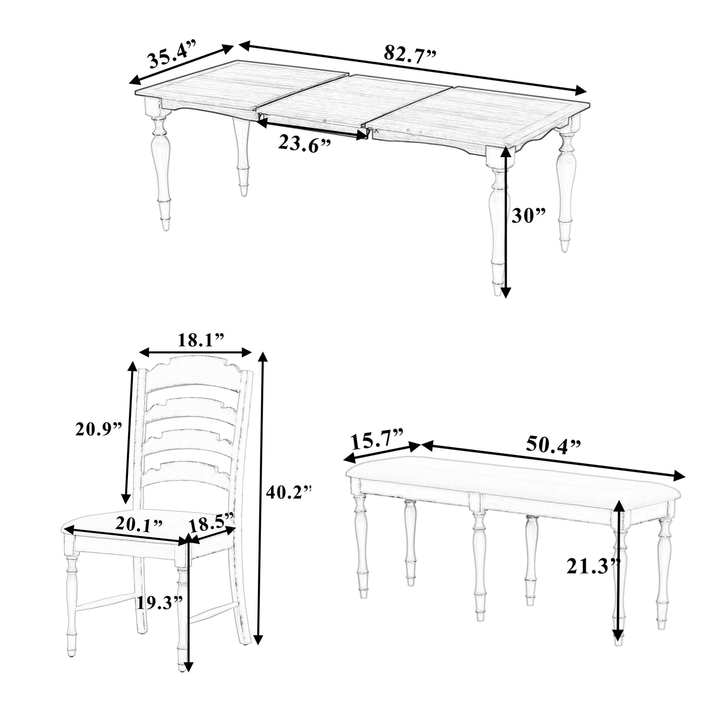 82.7inch 6-Piece Dining Table Set with 23.6inch Leaf, 50.4inch Bench and 4 Chairs