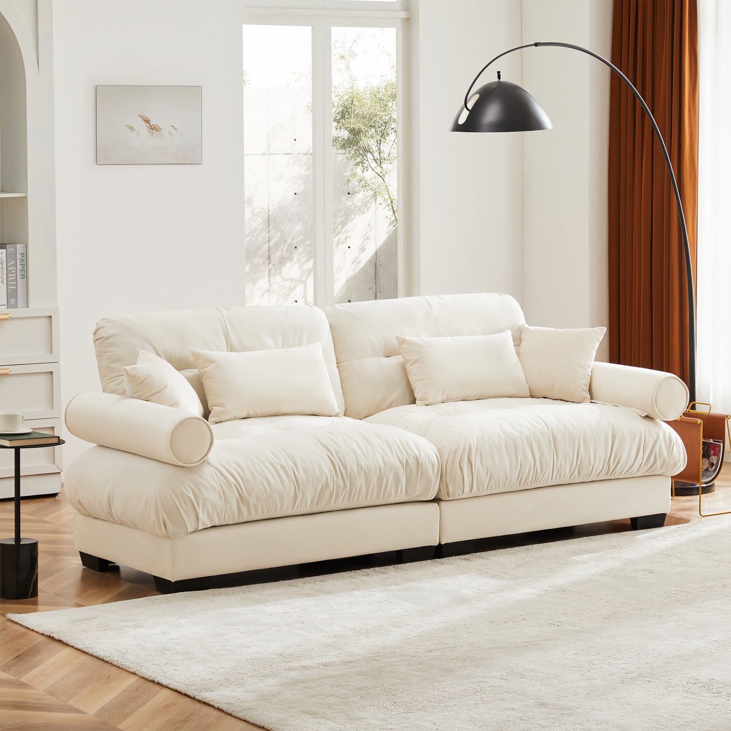 Deep Seat Cloud Couch in Cream: Modular Velvet Sectional with Bolstered Armrests 2-3-4 seats