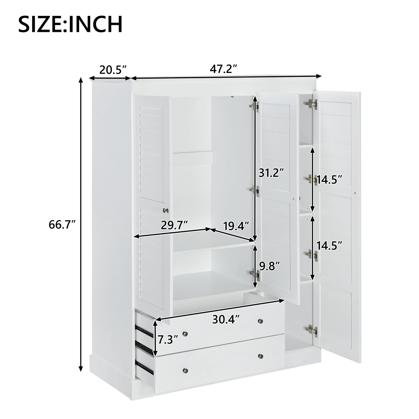 3 - Shutter Door Armoire Closet: White, 2 Drawers for Organized Living