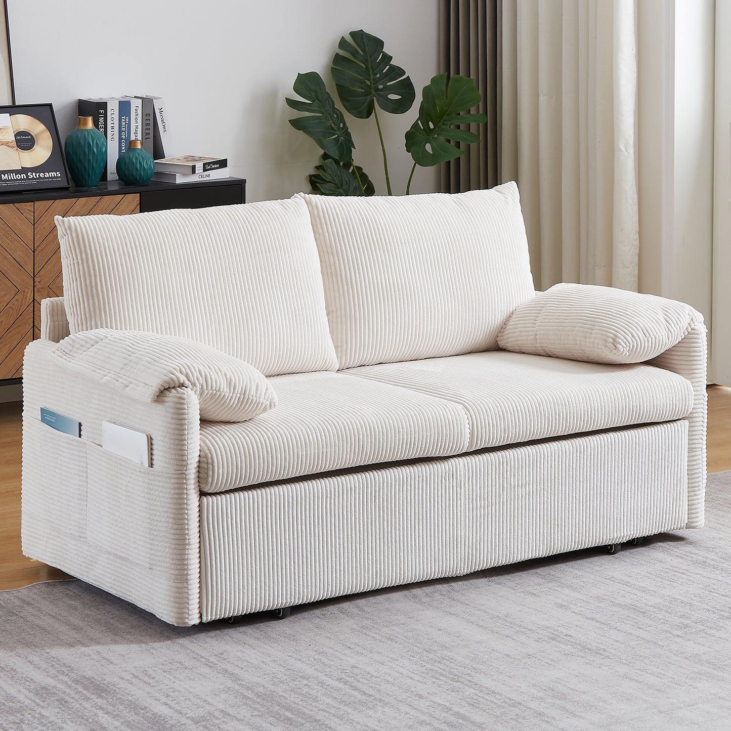 Sleeper Sofa Bed 3-in-1 Adjustable Sleeper with Pullout Bed, 2 Pillows and Side Pockets – Corduroy Loveseat