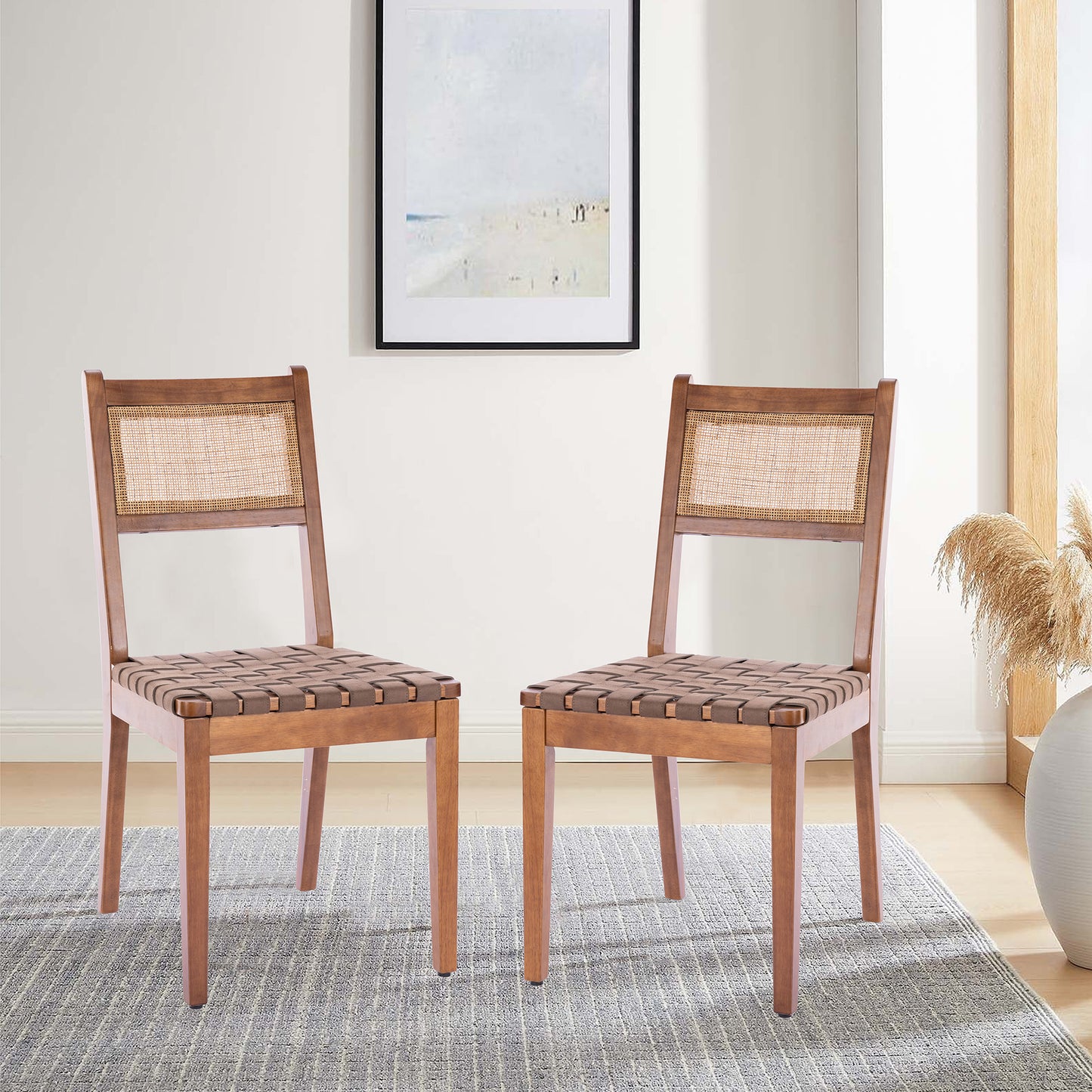 Rattan Leather Woven Strips Kitchen Dining Chair Set Of 2