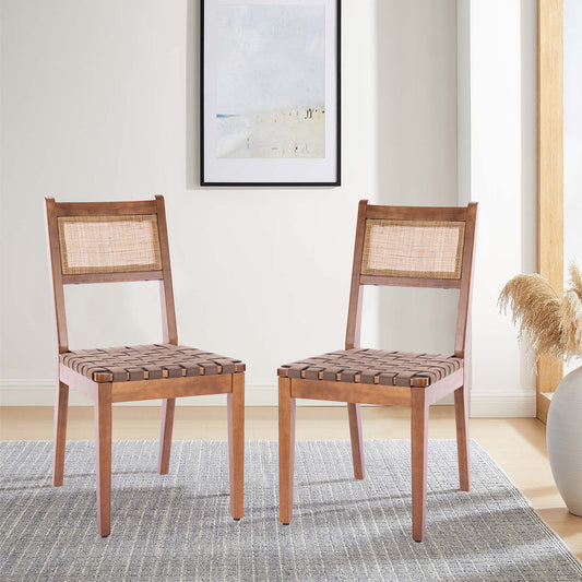 Rattan Leather Woven Strips Kitchen Dining Chair Set Of 2