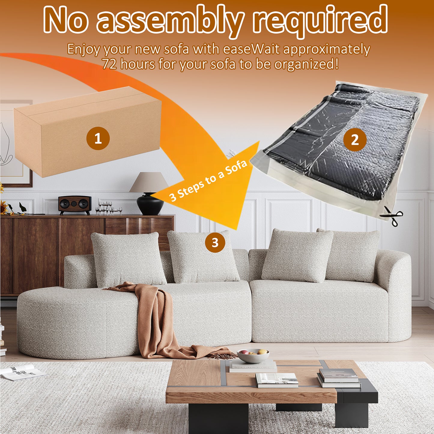 Extra Deep & Wide Seat Curved Cloud Couch with 4 Throw Pillows-3 Colors