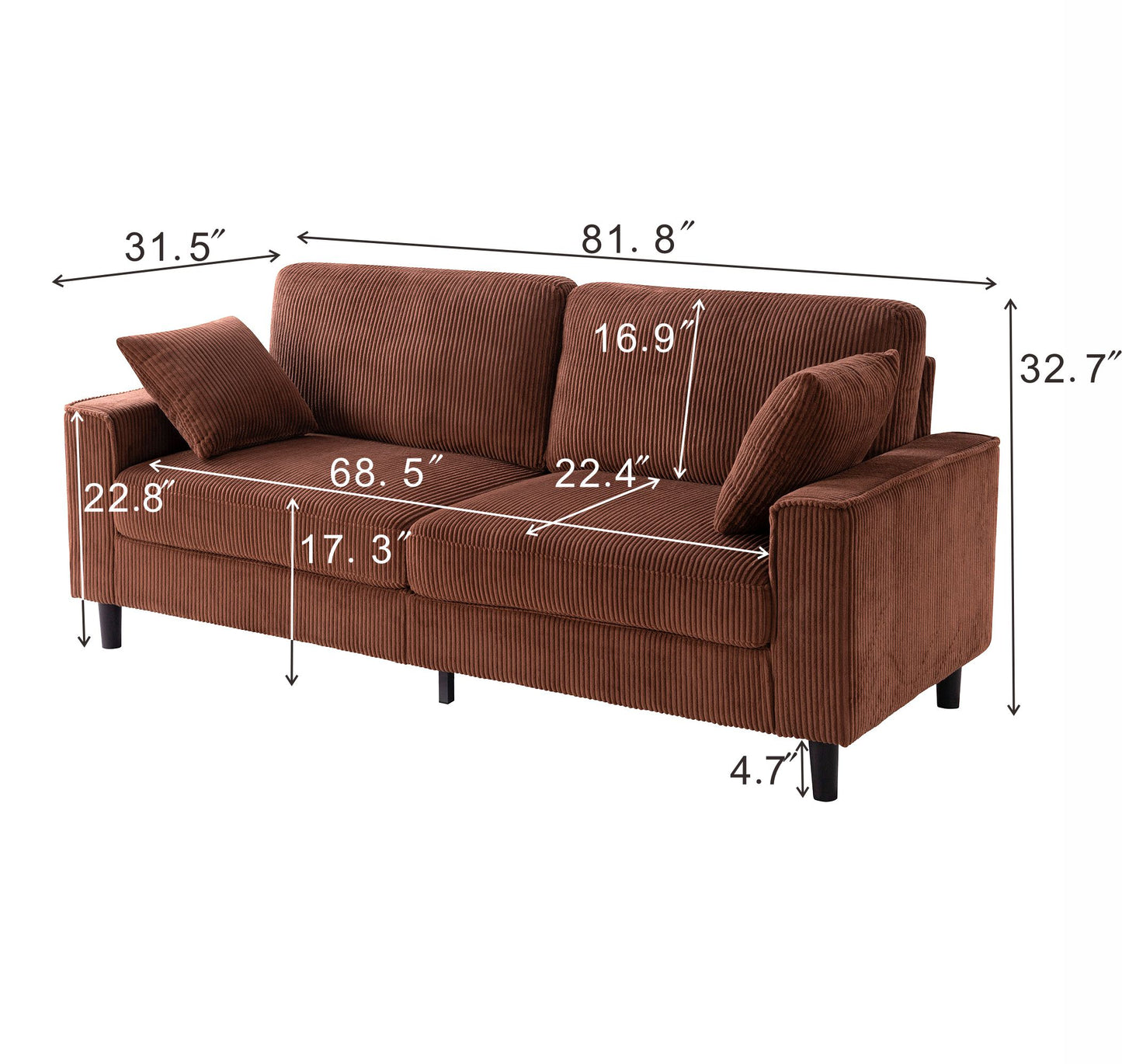 Corduroy Loveseat Sofa – 2-Seater Couch with Sturdy Iron Wood Frame, Square Armrests