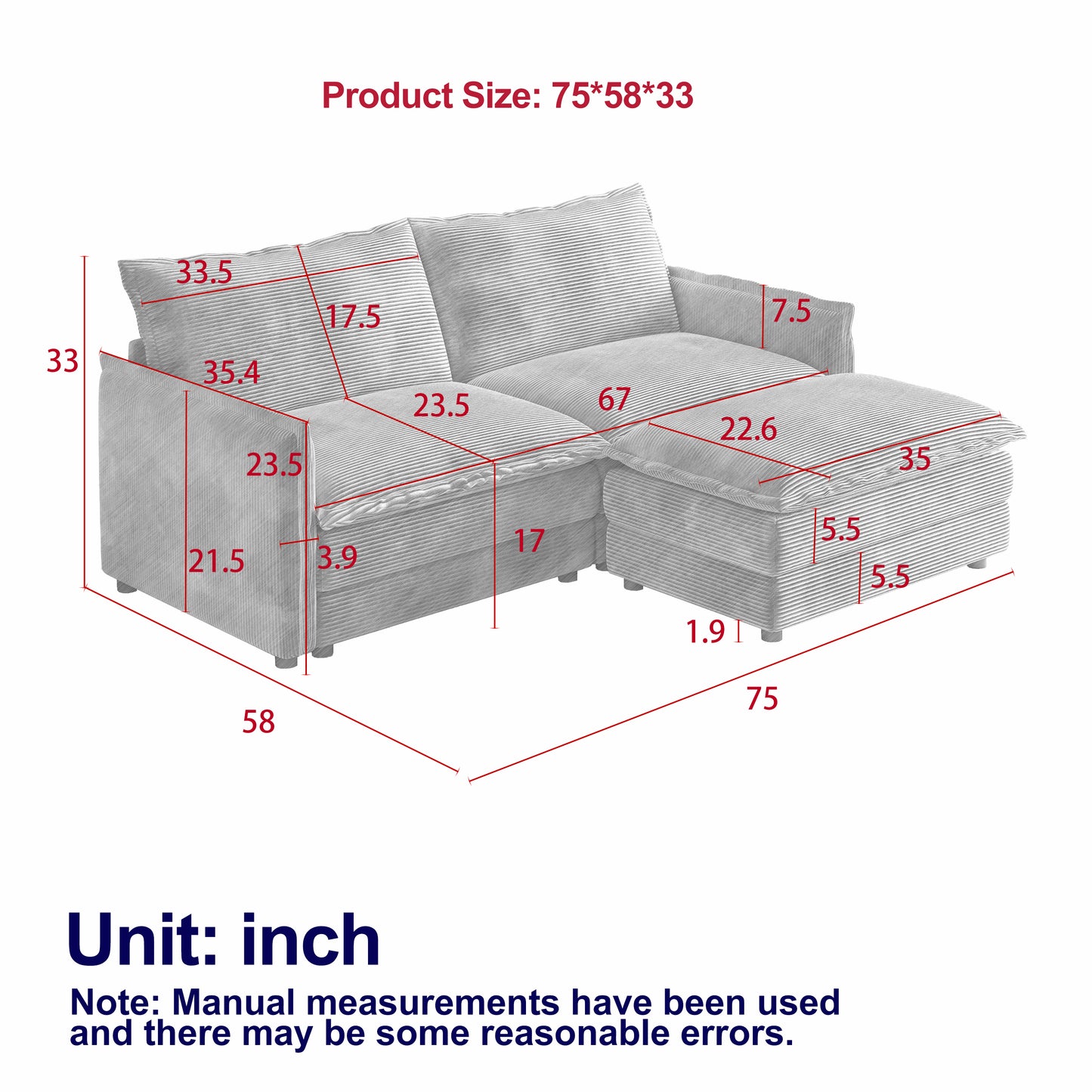 Corduroy fabric comfortable cloud sofa for living room 2 Seat - 4 Seat with ottoman