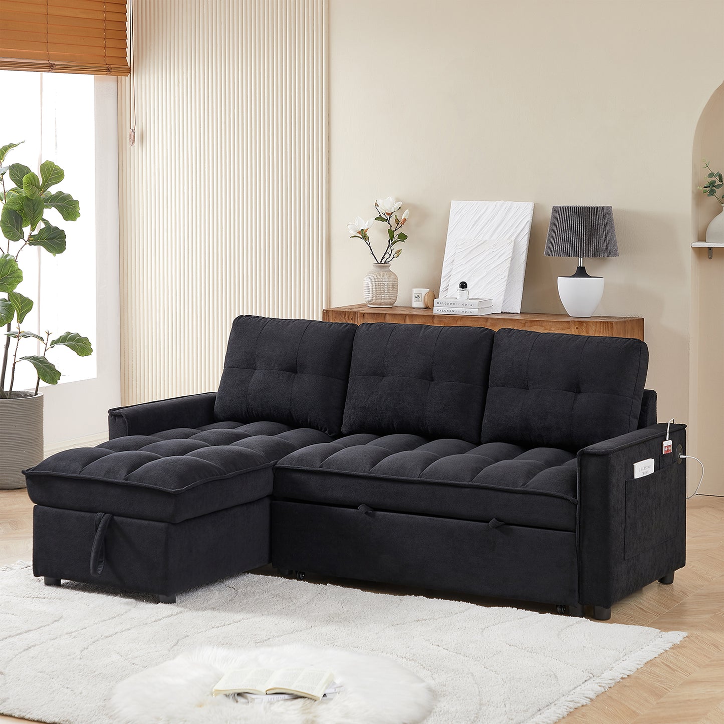 Pull-Out Sofa Bed with USB and tape-c charging ports, L-Shaped Sectional Sofa with Reclining Storage and Arm Side Organizer Pocket Features