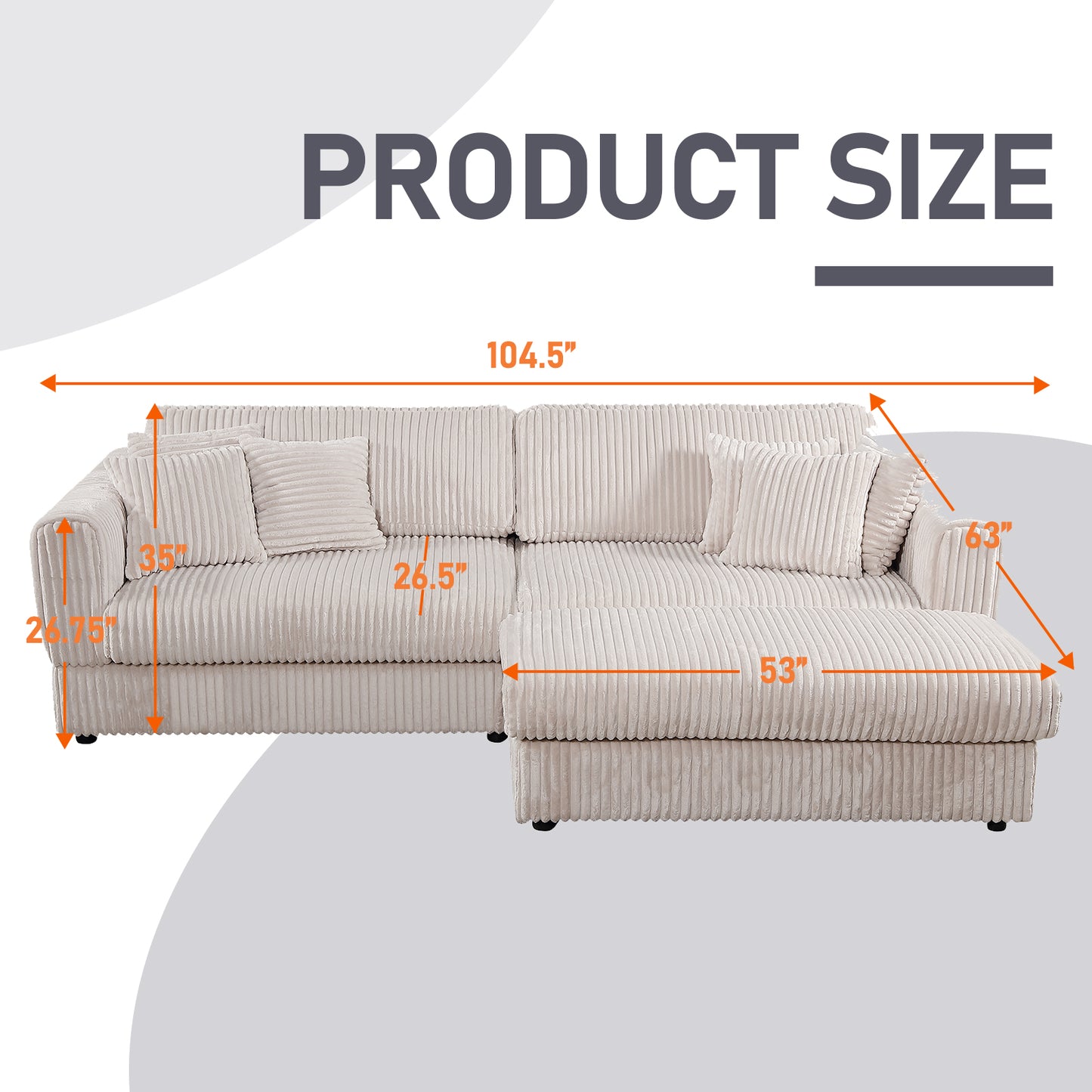 104.5" Modern Sectional Sleeper Sofa - Moveable Ottoman 6 Pillows