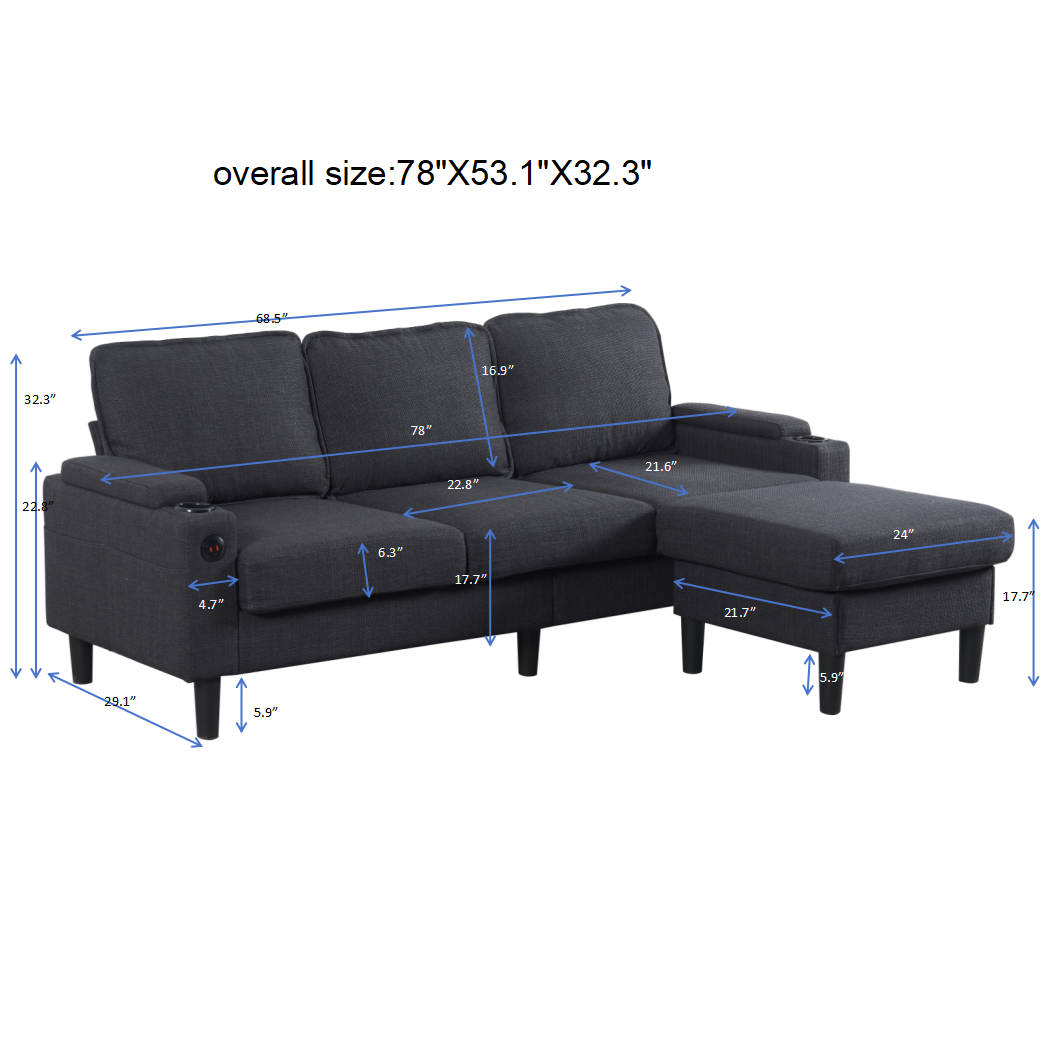 Upholstered sectional Couch, L Shaped knock down 3-seat combo sofa with storage ottoman
