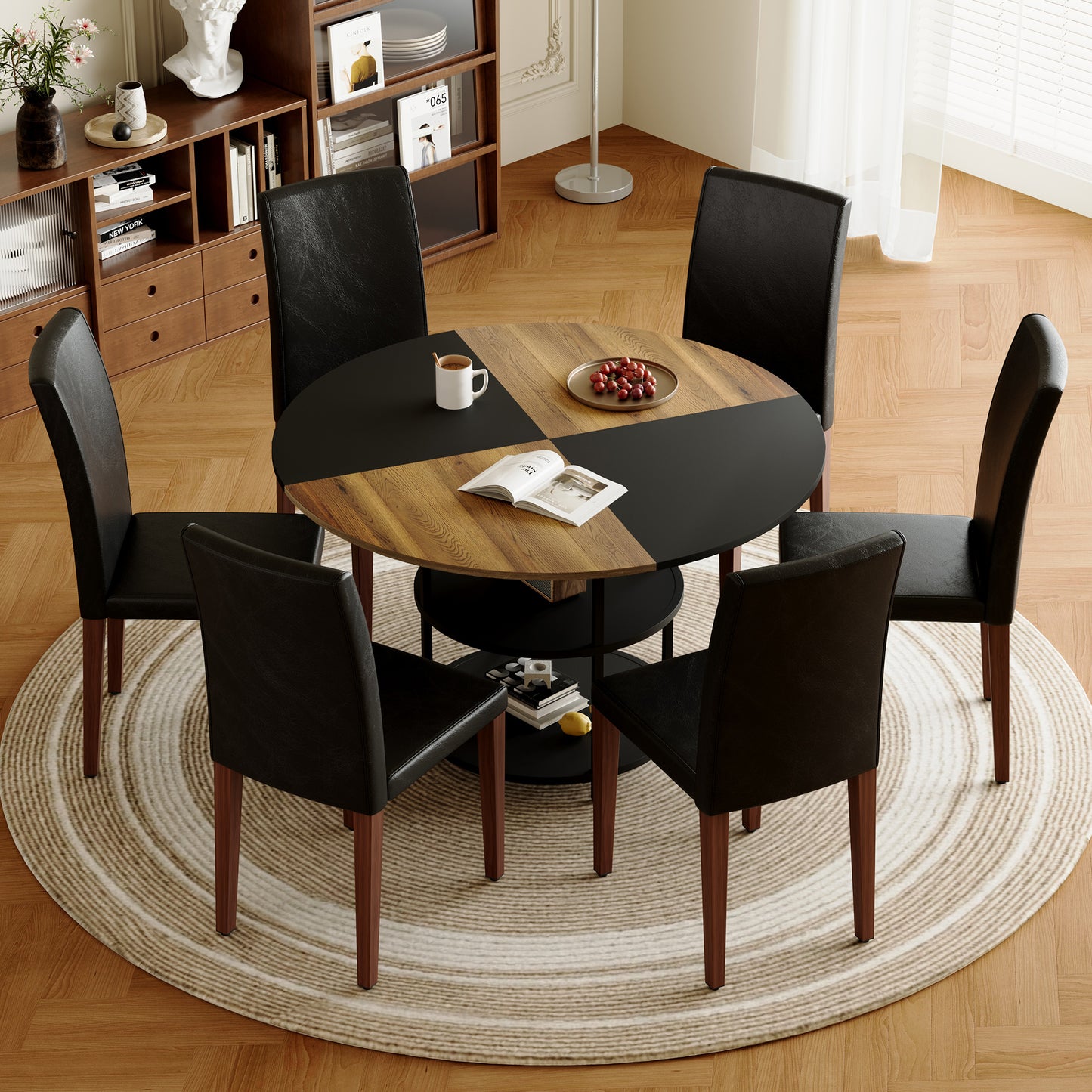 47.3 - Inch Spliced - Color Circular Dining Table Set: 4-6 Black PU Chairs, Double - Layer Storage