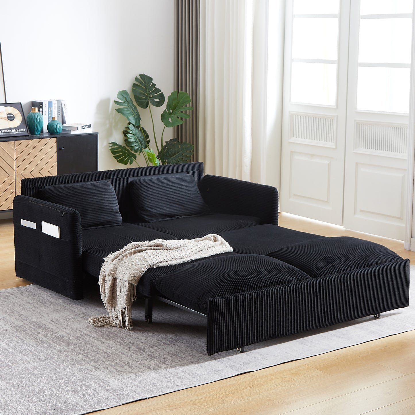 Sleeper Sofa Bed 3-in-1 Adjustable Sleeper with Pullout Bed, 2 Pillows and Side Pockets – Corduroy Loveseat