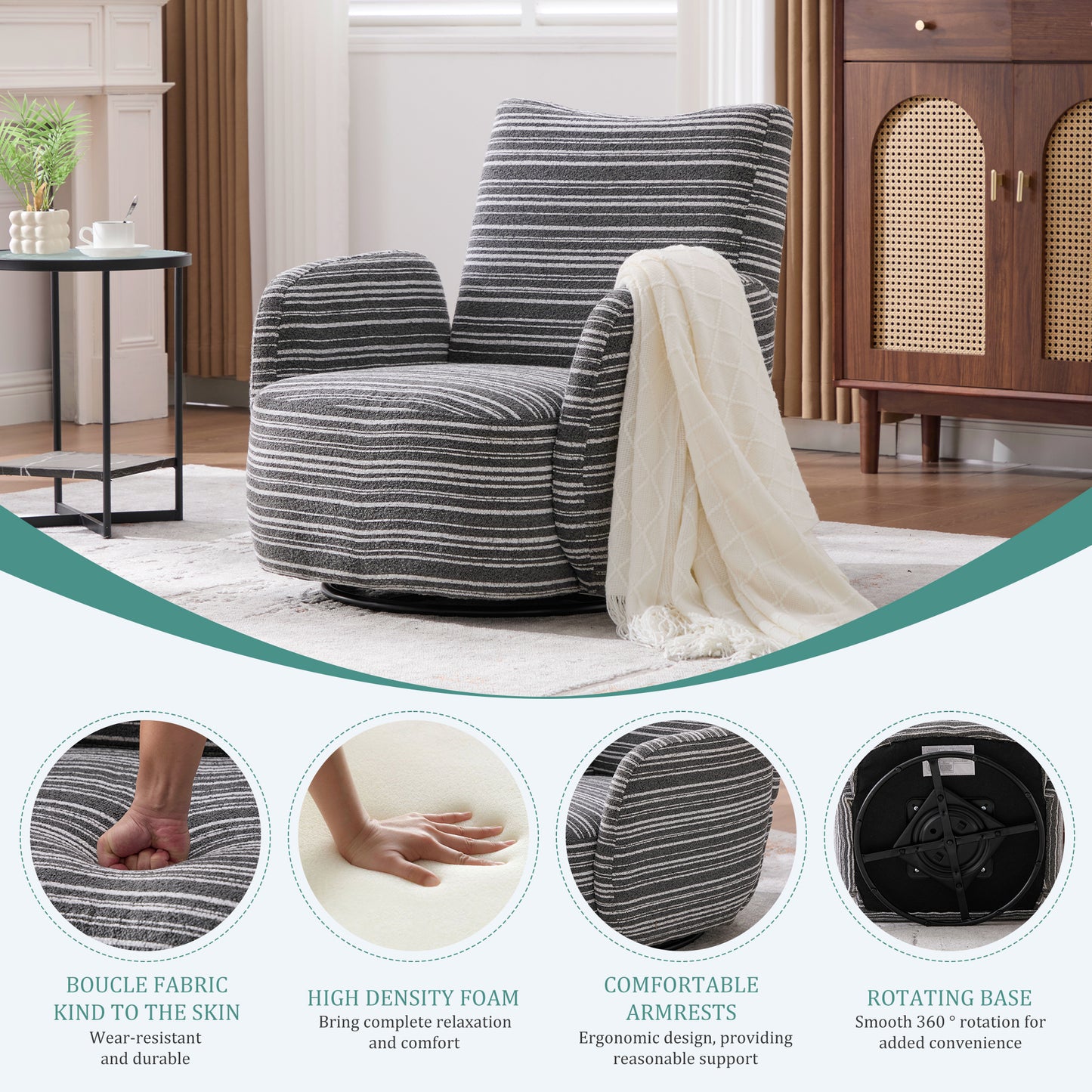 Swivel Leisure Chair | Fabric Striped Armrest Swivel Chair with Sand-Rimmed Fabric Metal Bracket – Boucle