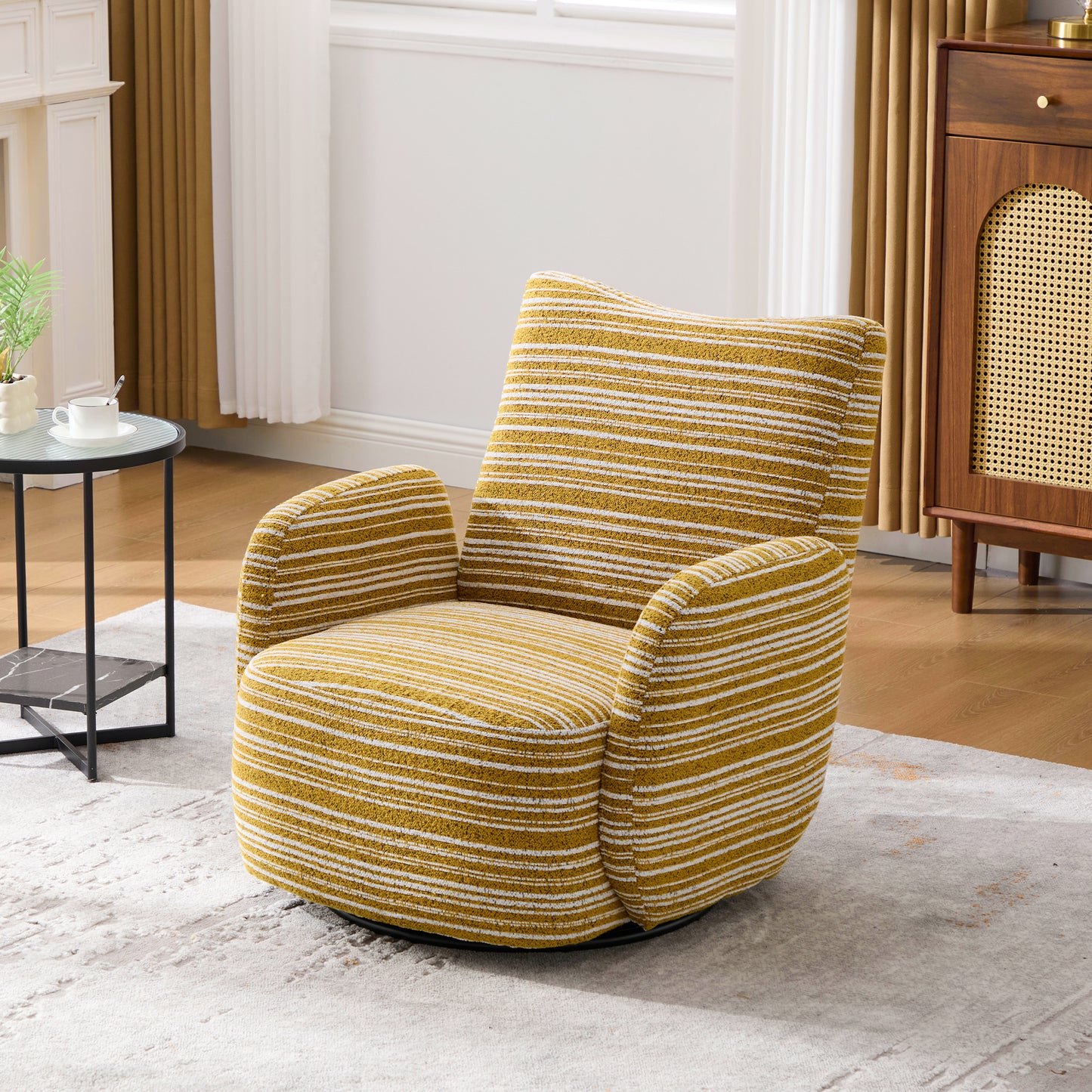 Swivel Leisure Chair | Fabric Striped Armrest Swivel Chair with Sand-Rimmed Fabric Metal Bracket – Boucle