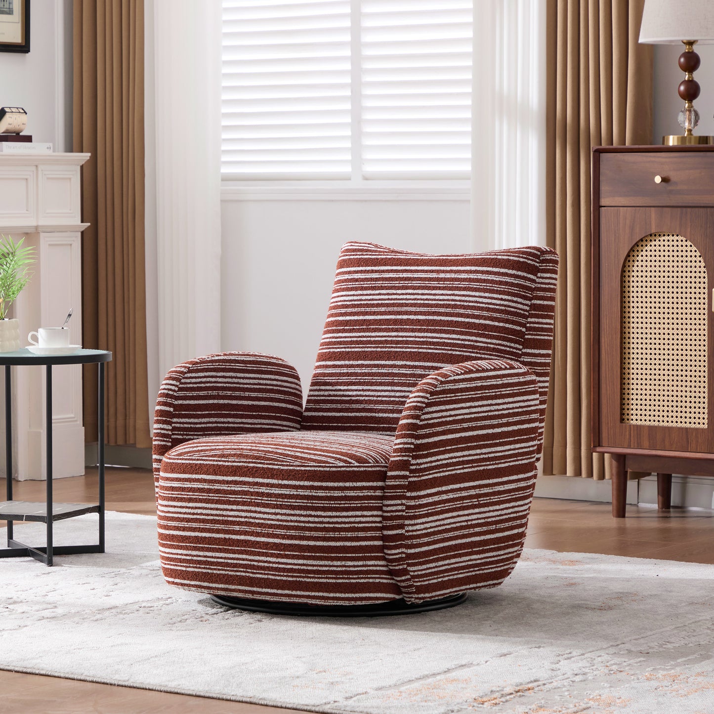Swivel Leisure Chair | Fabric Striped Armrest Swivel Chair with Sand-Rimmed Fabric Metal Bracket – Boucle