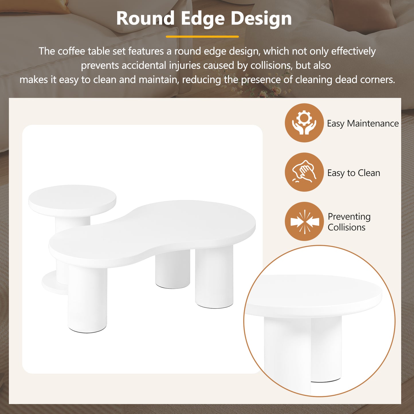 Easy Assembly Nesting Coffee Table Set of 2, Cream Style Cloud Coffee Table with Round Small Side Table