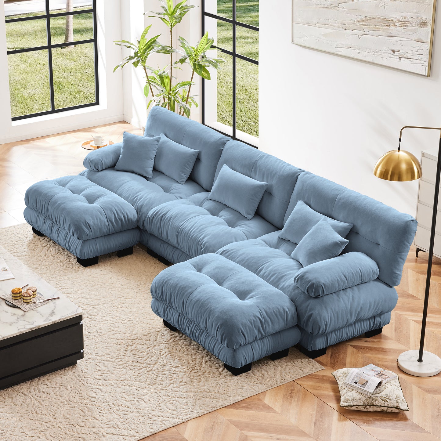Chenille Cloud Couch: 2 - 4 Seater L - Shape Sofa for Living Room with Pillows
