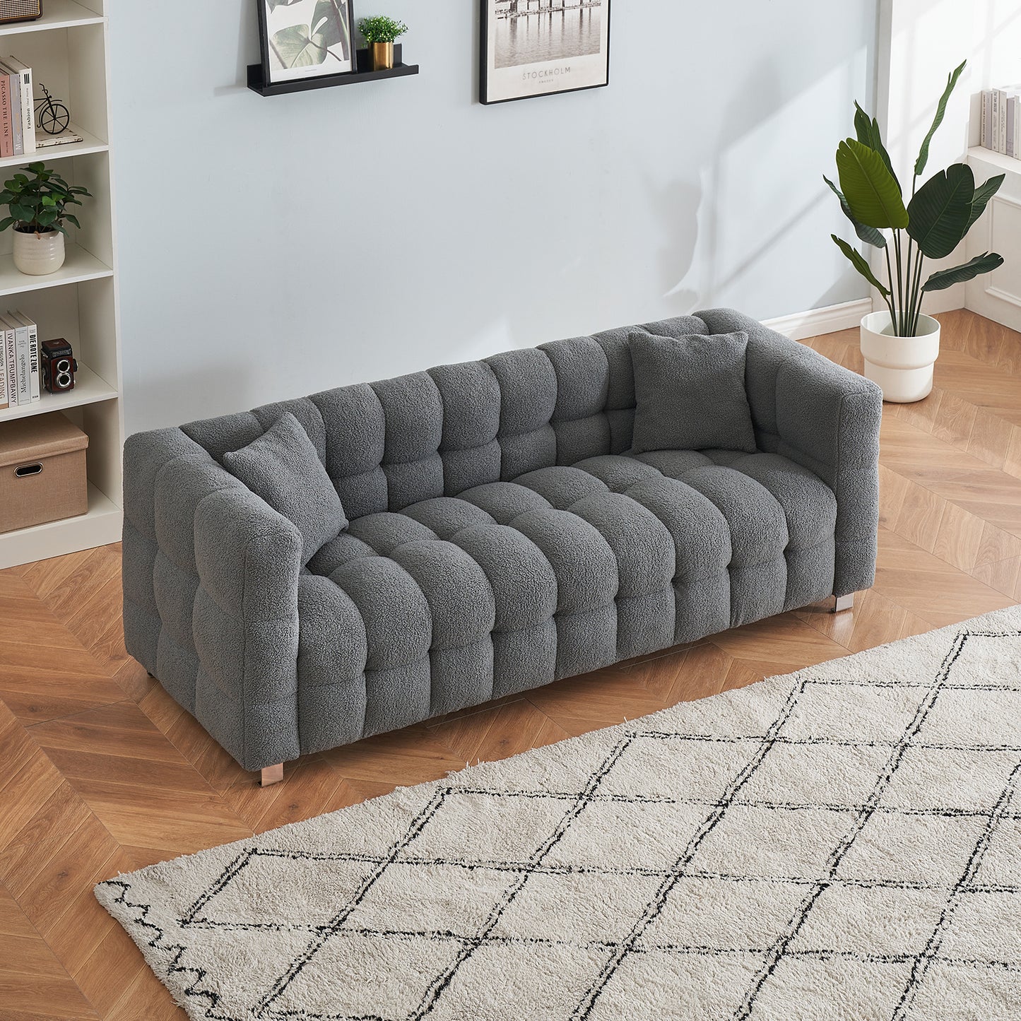 Teddy Fleece Sofa for Living Room or Bedroom, Including Two Throw Pillows & Sturdy Hardware Foot Support