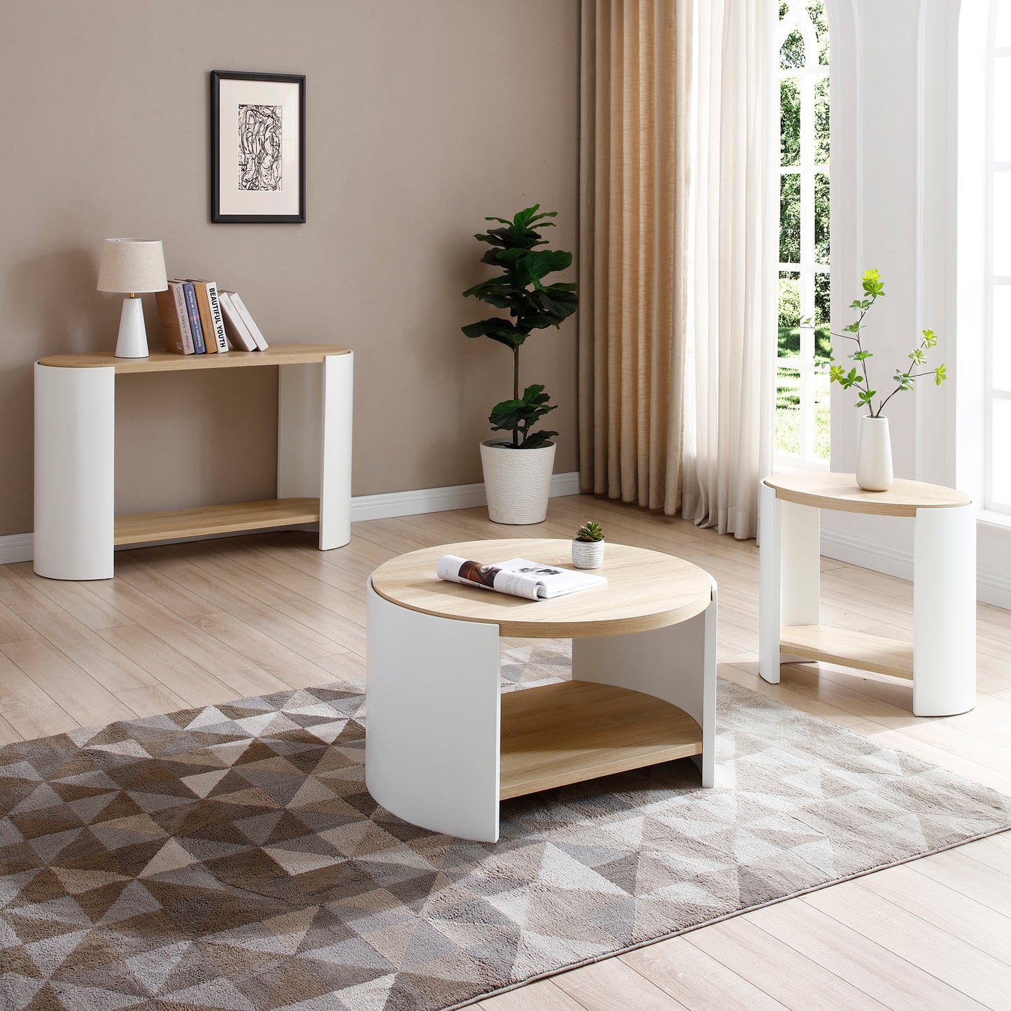 3 - Table Set: 31" Round Coffee Table for Living Room, 2 - Tier Rustic Wood with Storage Shelf