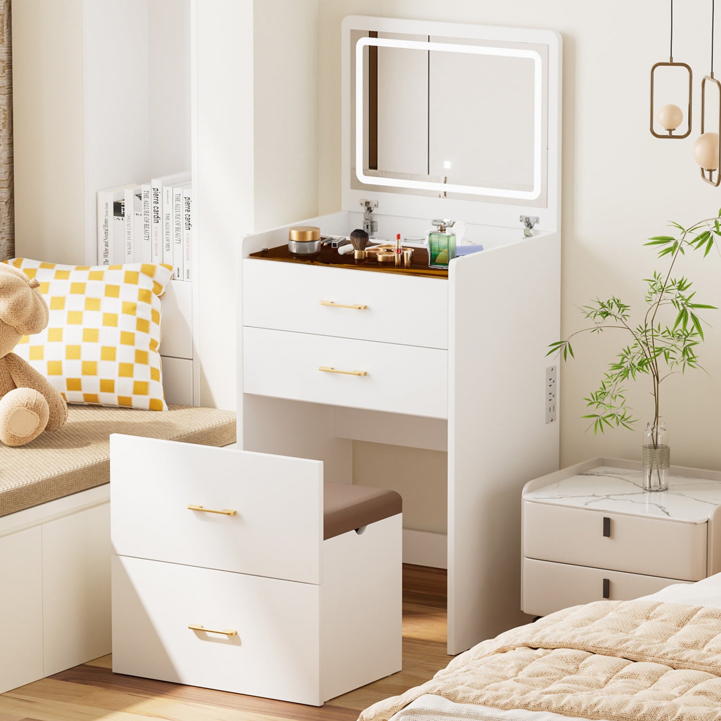 23.6'' Wide Makeup Vanity Table: Flip - Top Lighted, 3 - in - 1 with Storage Stool, Glass, LED, Power Outlet