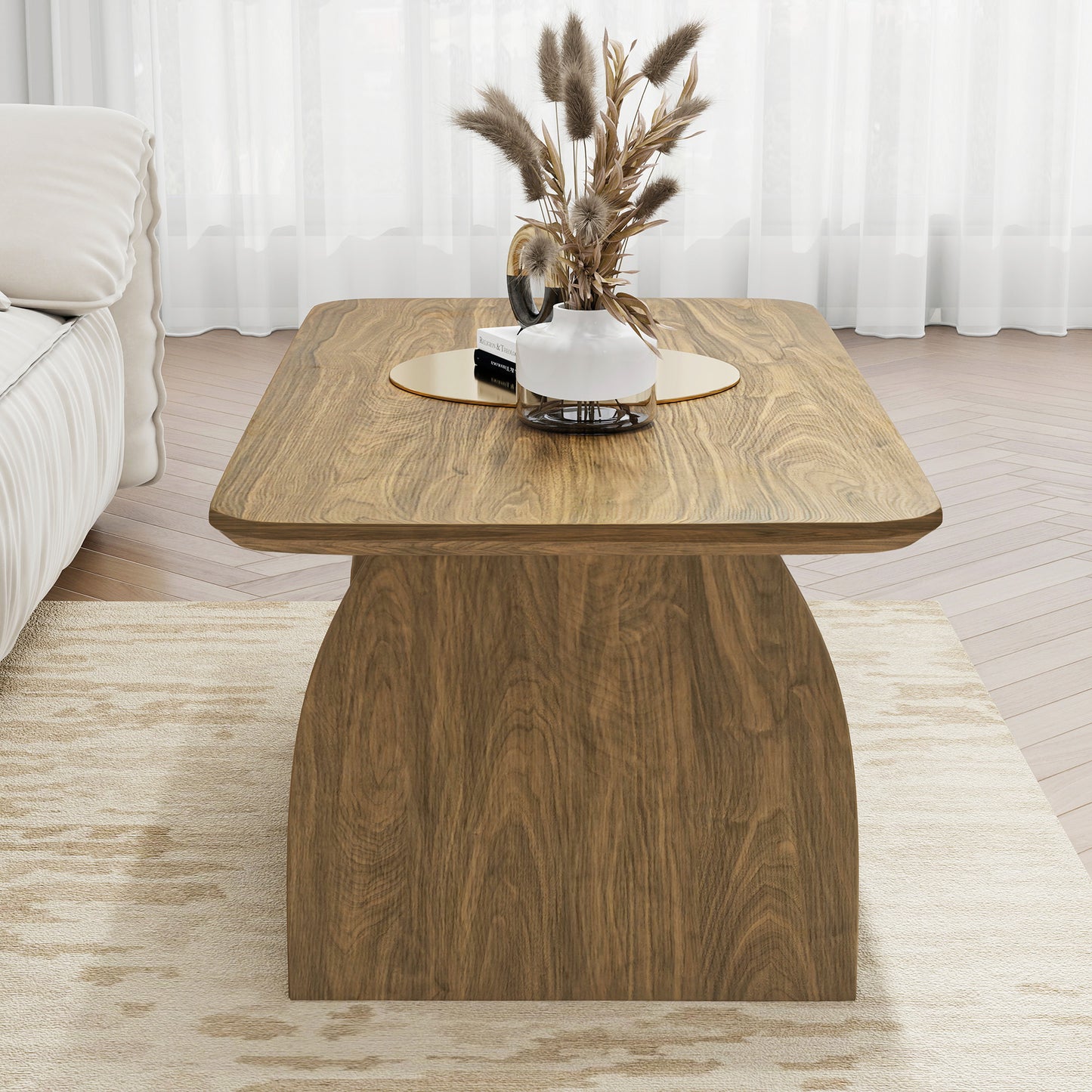 Double-layer rectangular coffee table with storage function, rounded corner design, MDF material