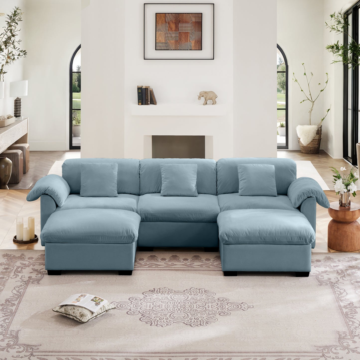 3 - 4 Seater Modular Sofa: U/L - Shape, Storage Ottomans, Velvet 2 Color
