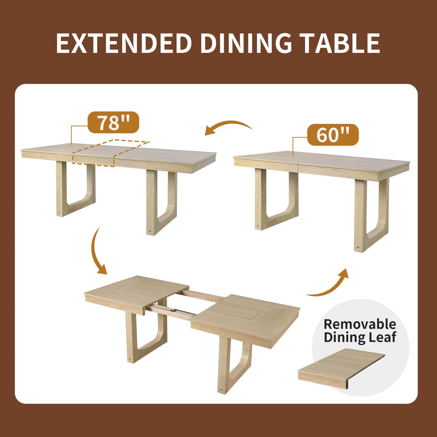 Extendable Farmhouse Wooden Kitchen Table: Removable Leaf, Seats 4 - 8