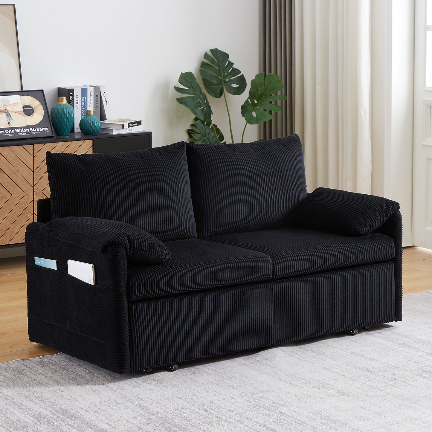 Sleeper Sofa Bed 3-in-1 Adjustable Sleeper with Pullout Bed, 2 Pillows and Side Pockets – Corduroy Loveseat
