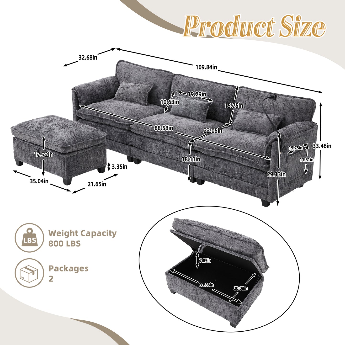 Modern Chenille L Shaped Couch, Comfy Boucle Modular Sofa Sleeper with Movable Storage Ottoman, Phone Holder, USB Charging Port
