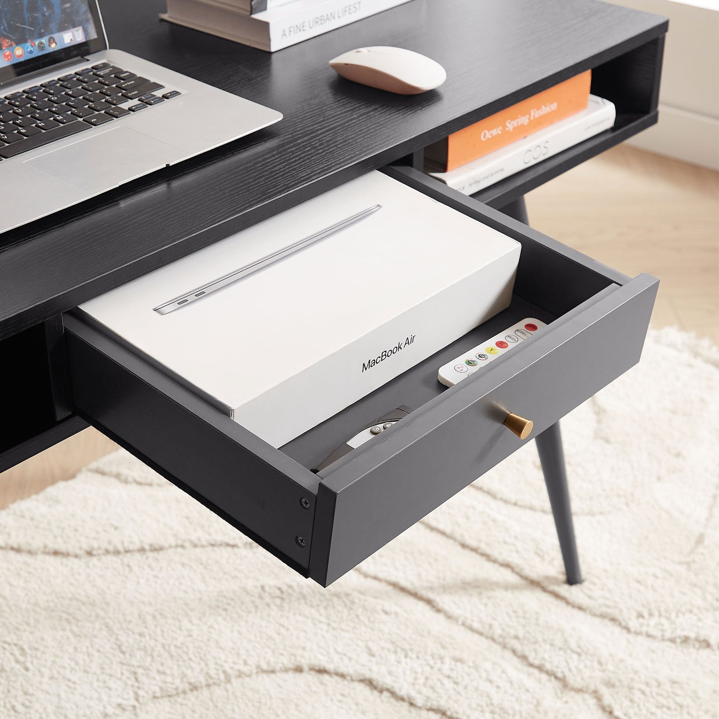 Mid - Century Modern Desk: USB Ports, Power Outlet, Drawers for Home Office