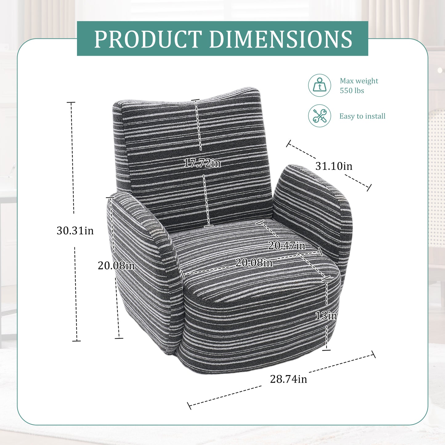 Swivel Leisure Chair | Fabric Striped Armrest Swivel Chair with Sand-Rimmed Fabric Metal Bracket – Boucle