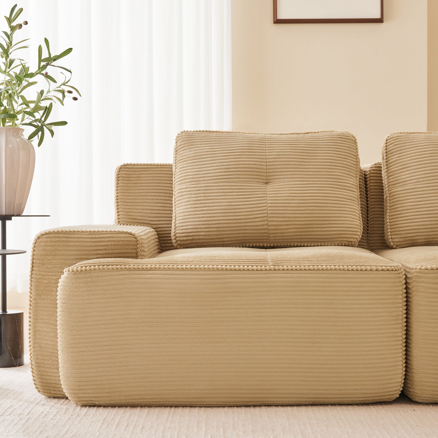 Modular Sectional Sofa for Living Room, Corduroy Fabric Deep Seat and Movable Ottoman, Pearl-like piping, Tufted Design, No Assembly
