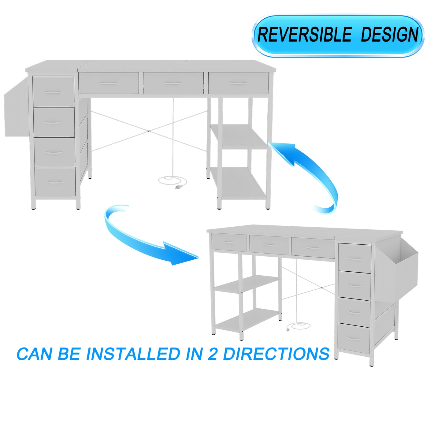 47" Computer Desk With Power Outlet,Writing Desk,Home Office desk,Vanity table with 7 Fabric Drawers, Large Side Pocket
