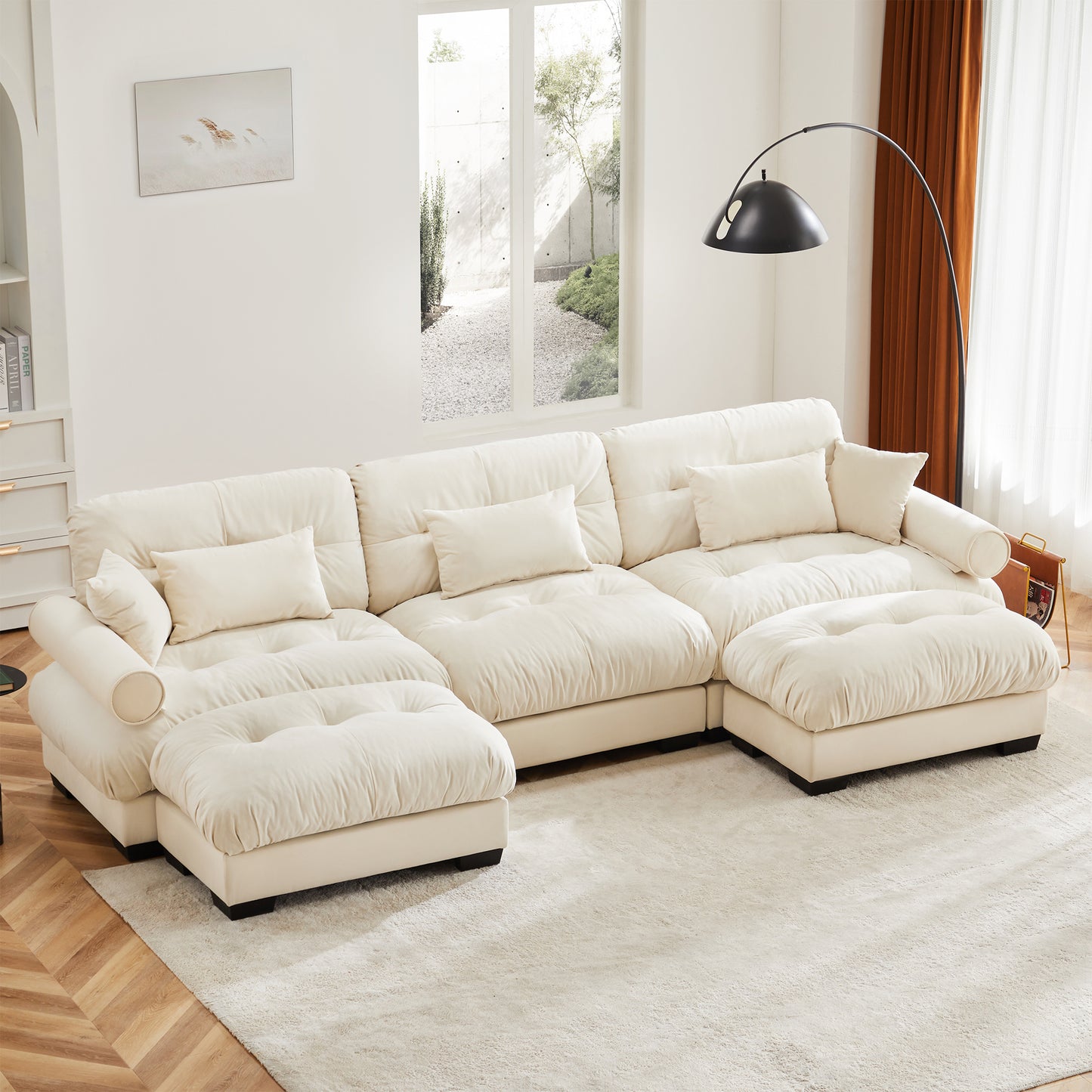 Deep Seat Cloud Couch in Cream: Modular Velvet Sectional with Bolstered Armrests 2-3-4 seats