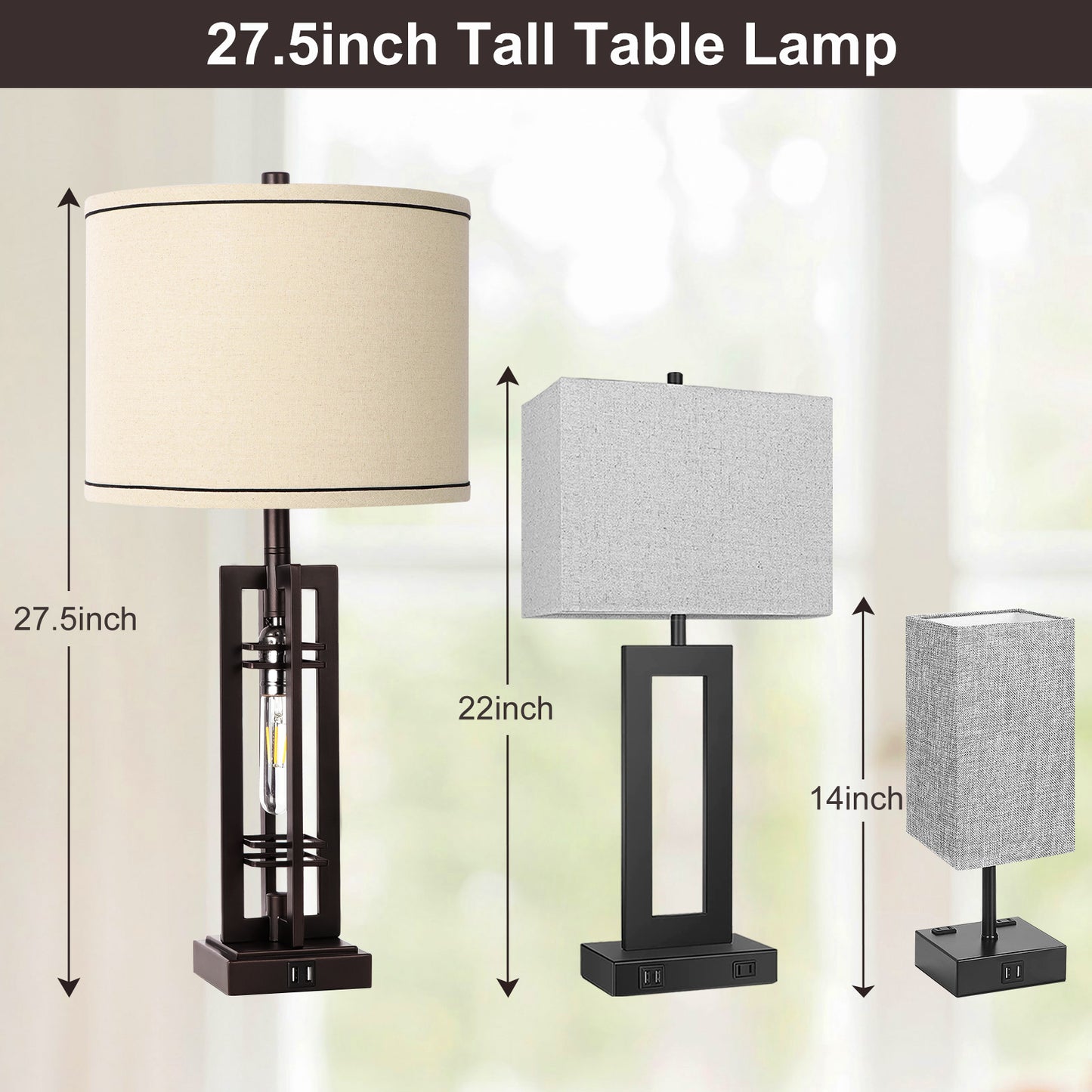 27.5" Rustic Table Lamps - USB Ports, Set of 2 for Living Room & Nightstand